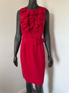 112. Spense Sleeveless Red Ruffle Belted Sheath Dress NWT